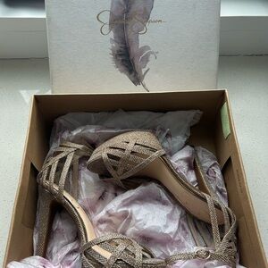 Jessica Simpson strappy gold glitter platform stiletto sandals